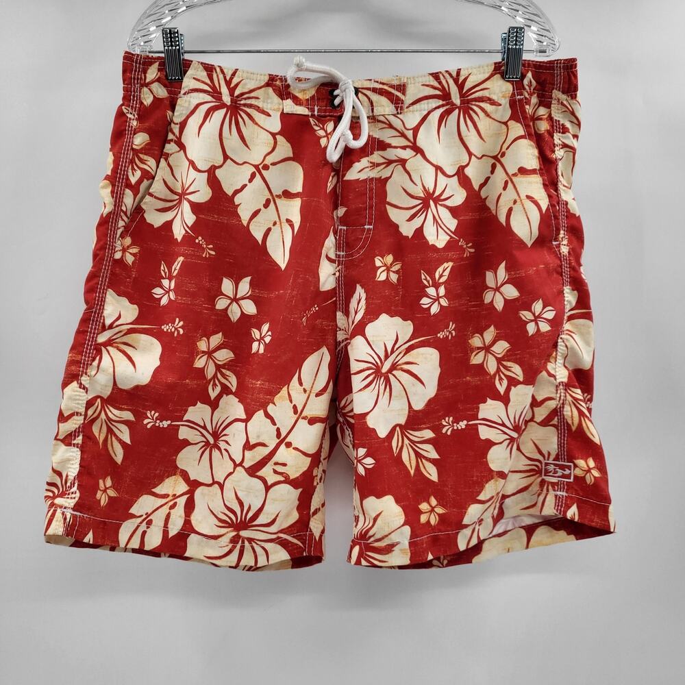VTG Honolua Surf Co. Red & Beige Tropical Hibiscus Flower Board Shorts Men's L